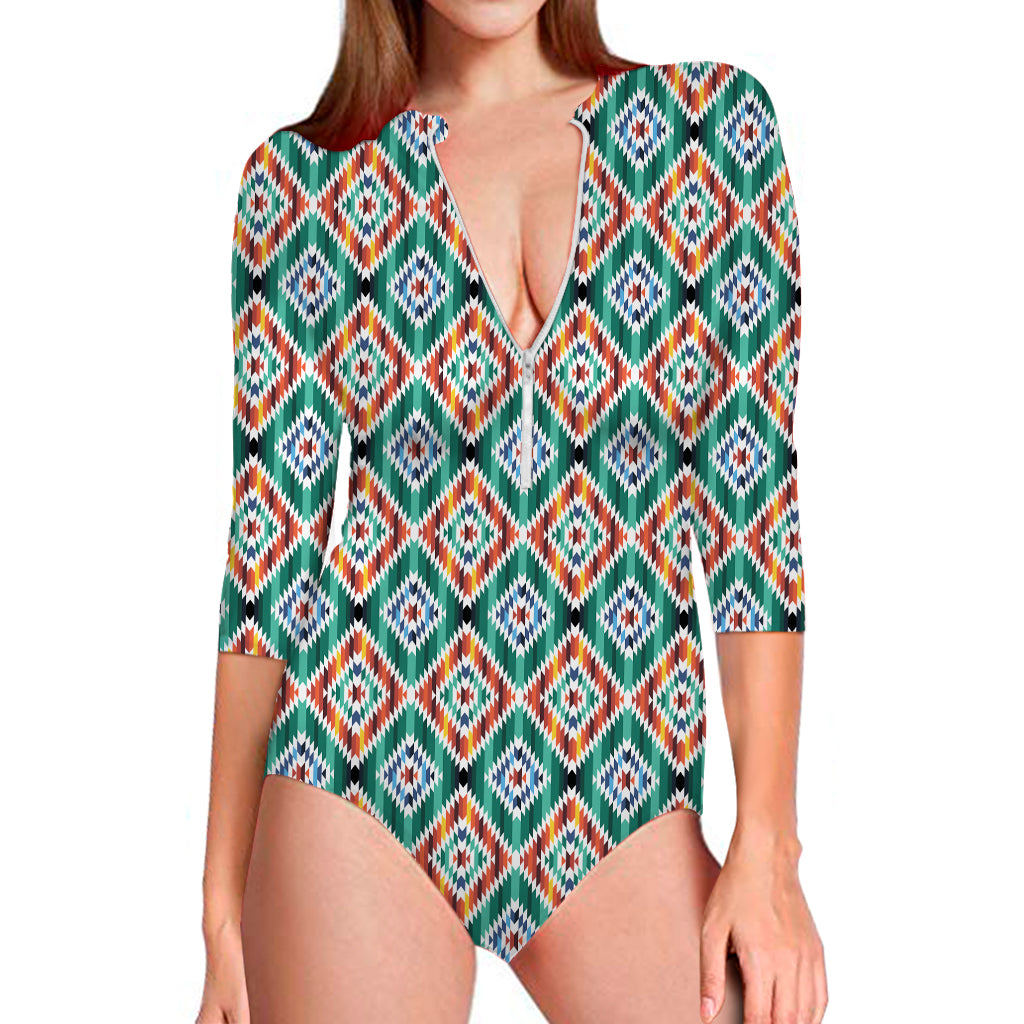 Tribal Navajo Pattern Print Long Sleeve One Piece Swimsuit