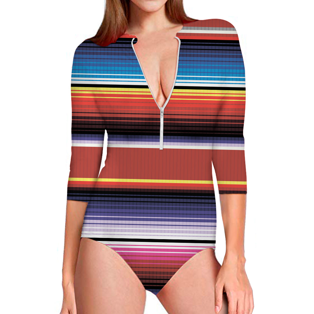 Tribal Serape Blanket Stripe Print Long Sleeve One Piece Swimsuit