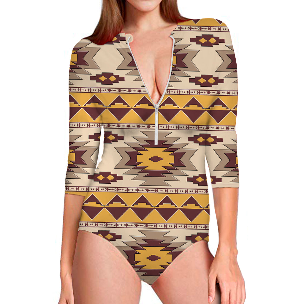 Tribal Southwestern Navajo Pattern Print Long Sleeve One Piece Swimsuit