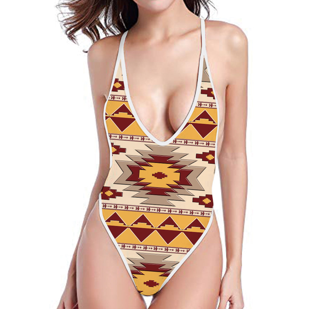 Tribal Southwestern Navajo Pattern Print One Piece High Cut Swimsuit