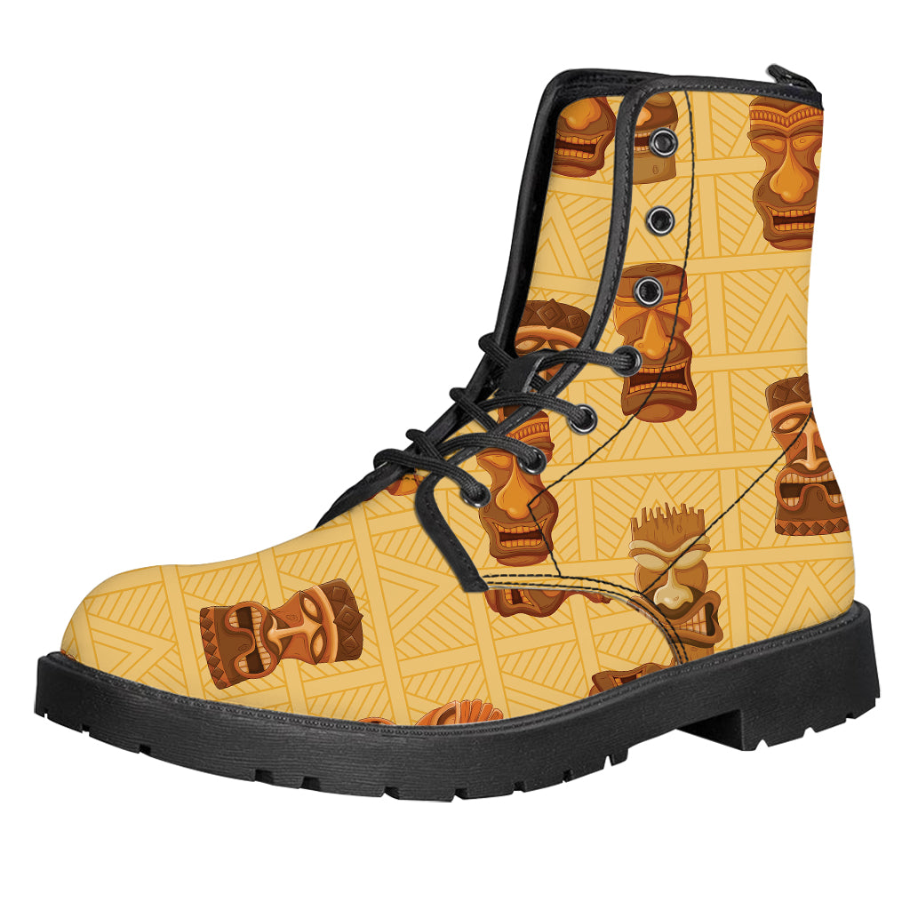 Tribal Tiki Mask Pattern Print Leather Boots