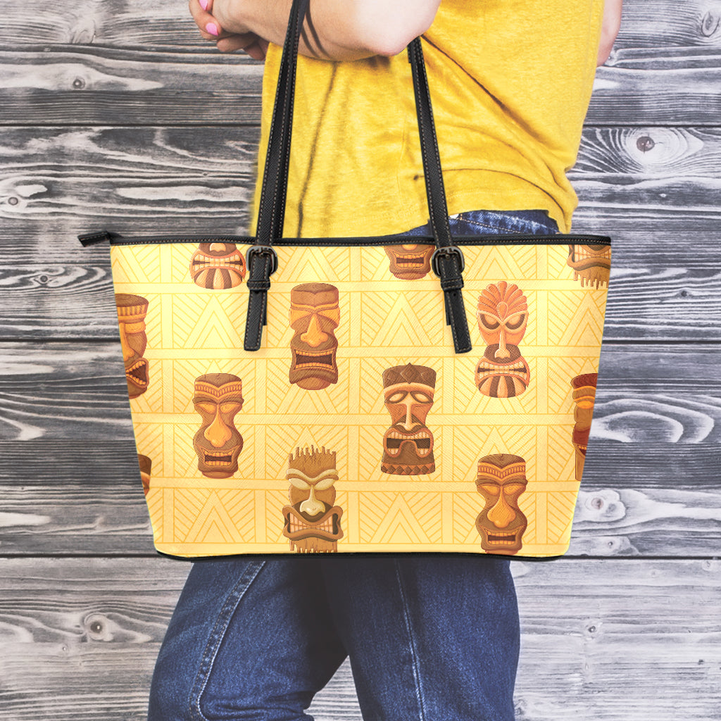 Tribal Tiki Mask Pattern Print Leather Tote Bag