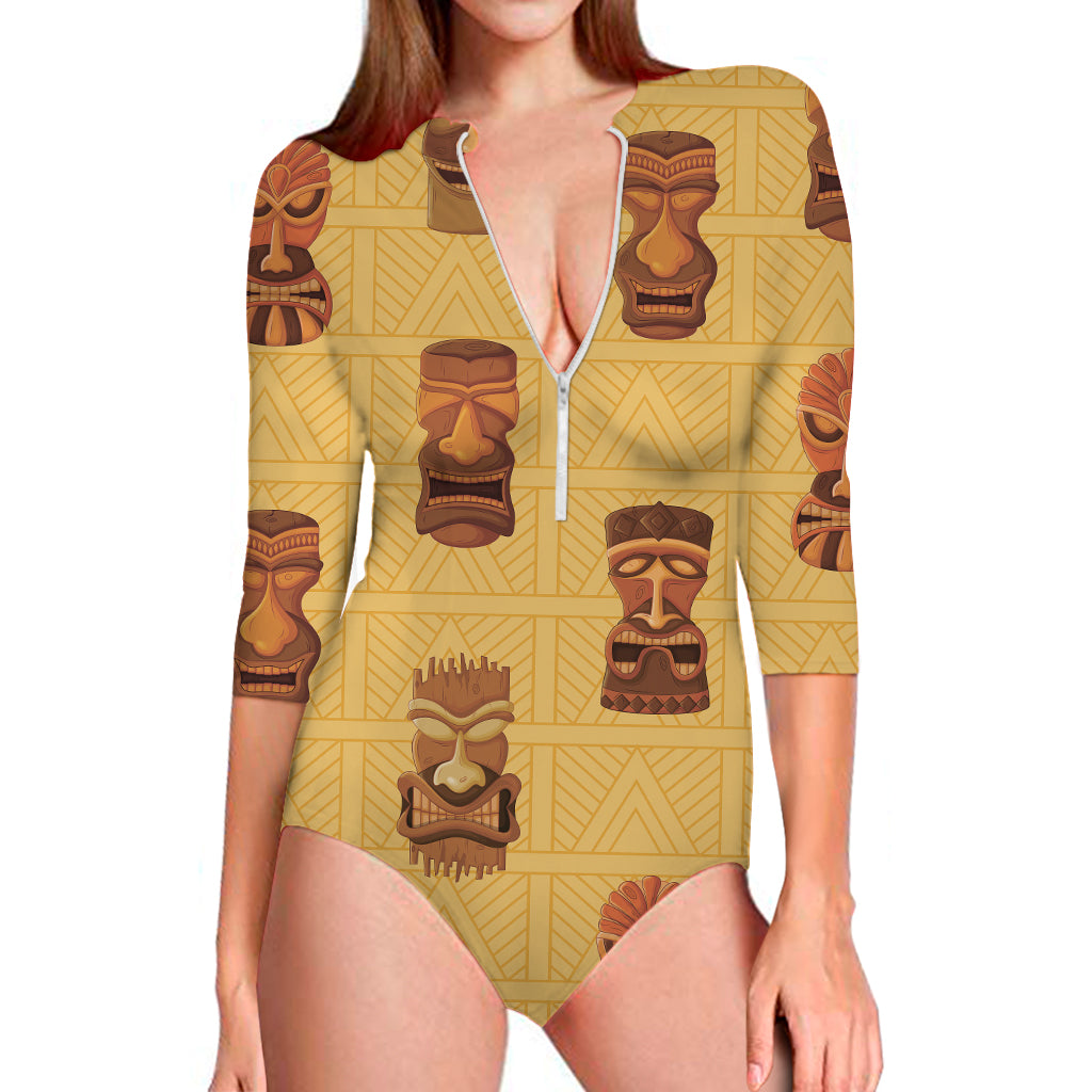 Tribal Tiki Mask Pattern Print Long Sleeve One Piece Swimsuit