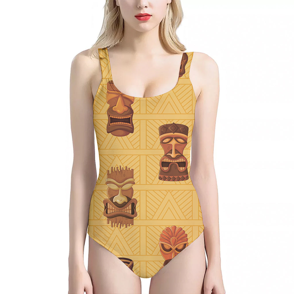 Tribal Tiki Mask Pattern Print One Piece Halter Neck Swimsuit