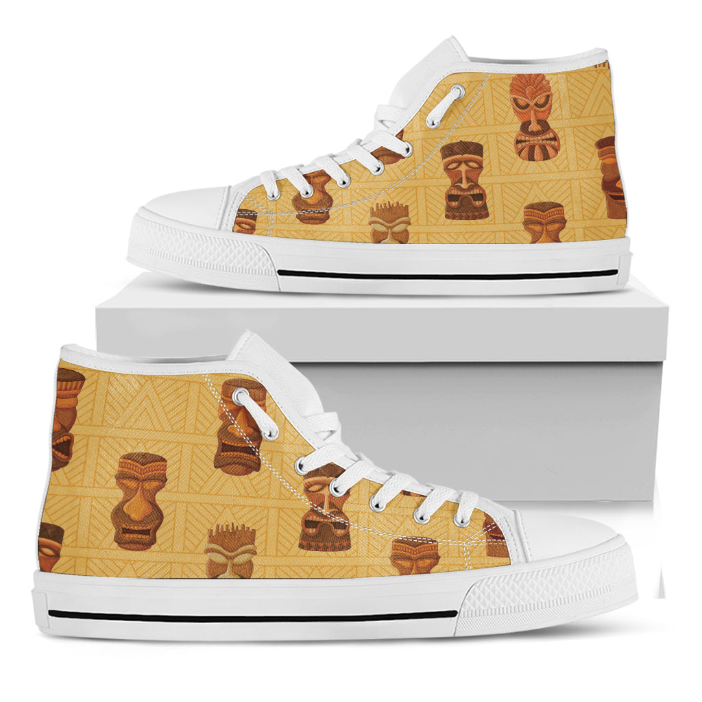 Tribal Tiki Mask Pattern Print White High Top Shoes