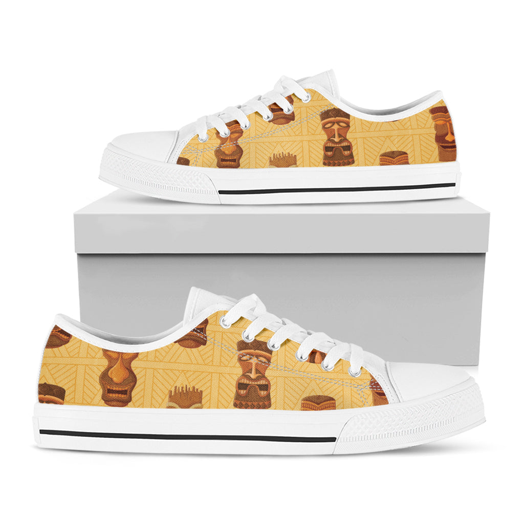 Tribal Tiki Mask Pattern Print White Low Top Shoes