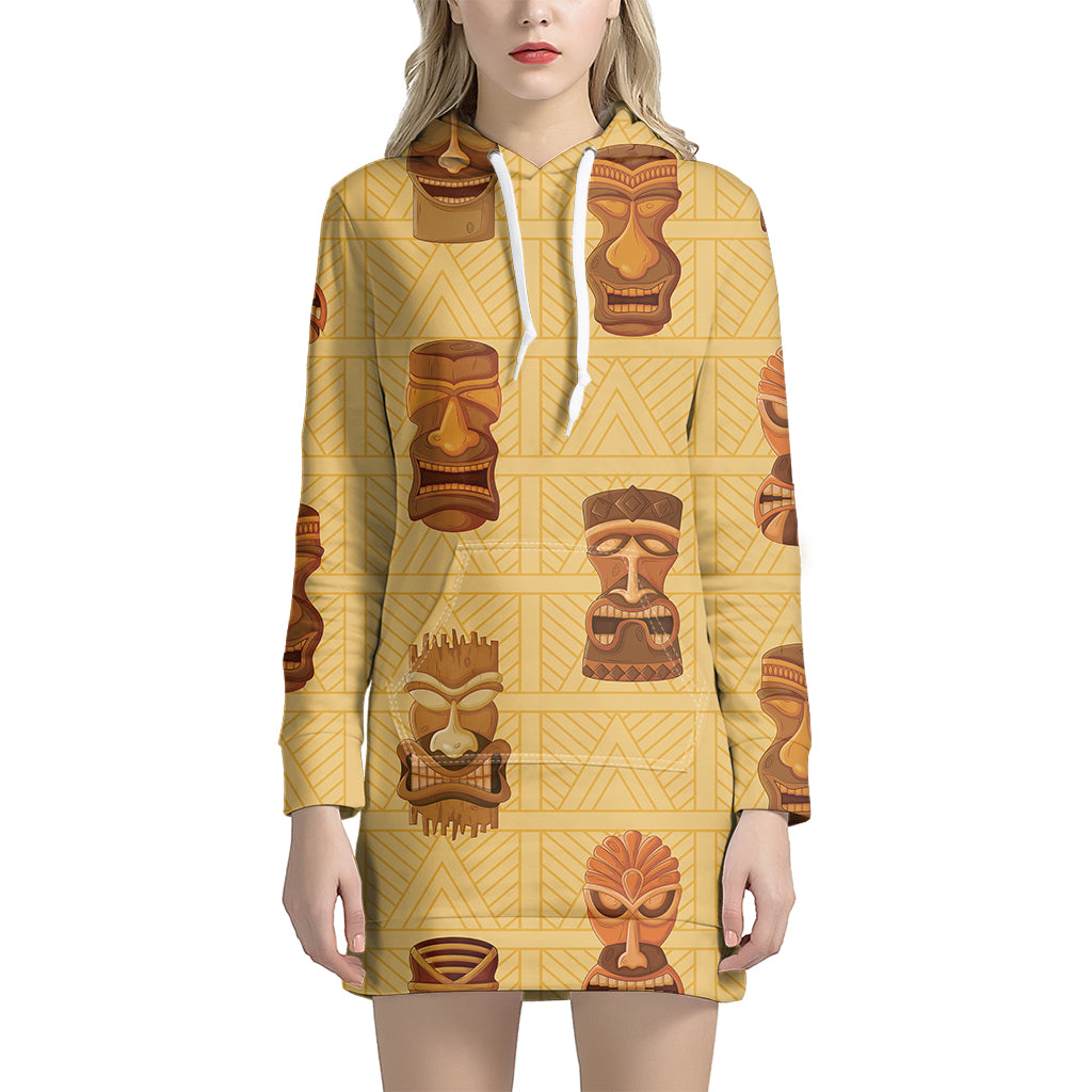 Tribal Tiki Mask Pattern Print Women's Pullover Hoodie Dress