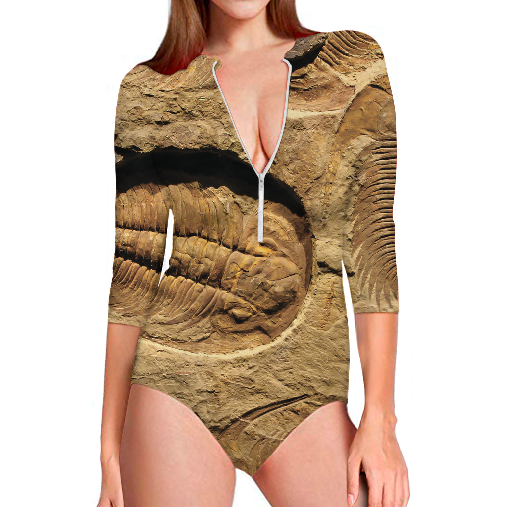 Trilobite Fossil Print Long Sleeve One Piece Swimsuit