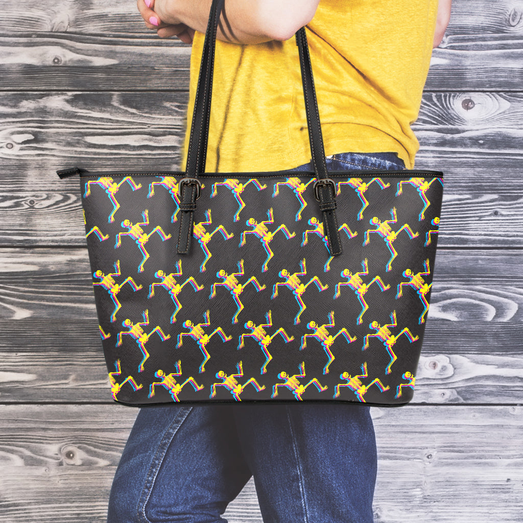 Trippy Dancing Skeleton Pattern Print Leather Tote Bag