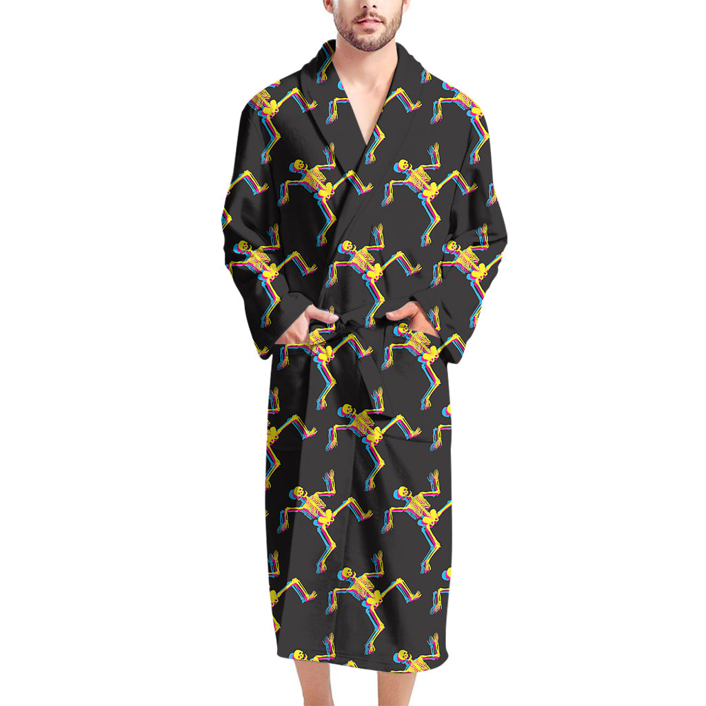 Trippy Dancing Skeleton Pattern Print Men's Bathrobe