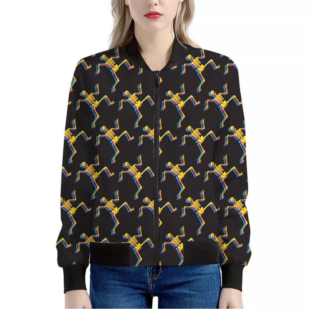 Trippy Dancing Skeleton Pattern Print Women's Bomber Jacket