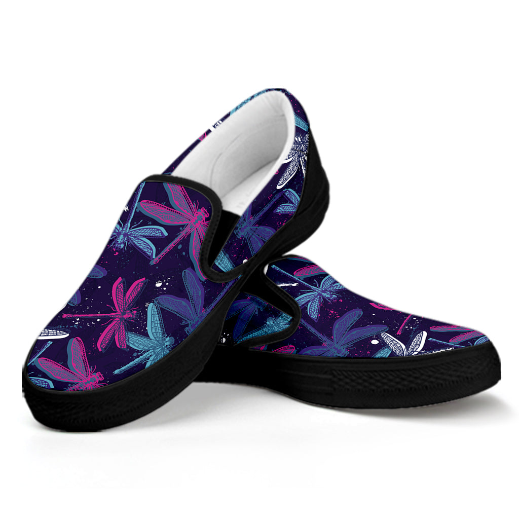 Trippy Dragonfly Pattern Print Black Slip On Shoes