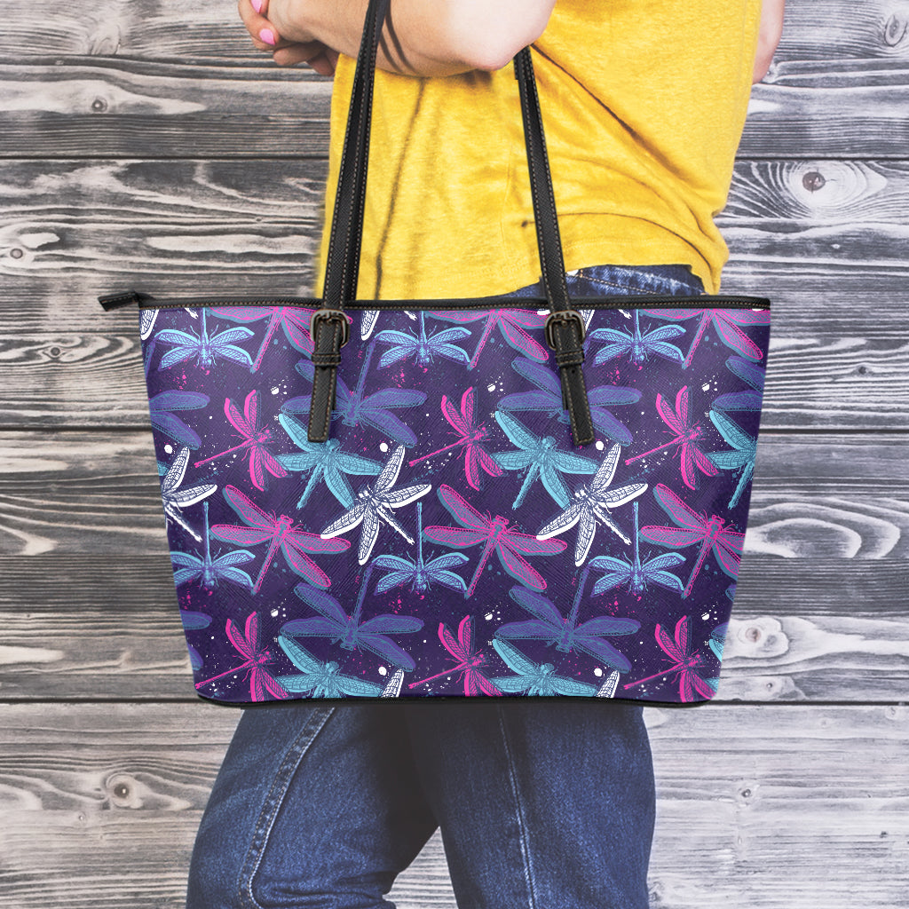 Trippy Dragonfly Pattern Print Leather Tote Bag