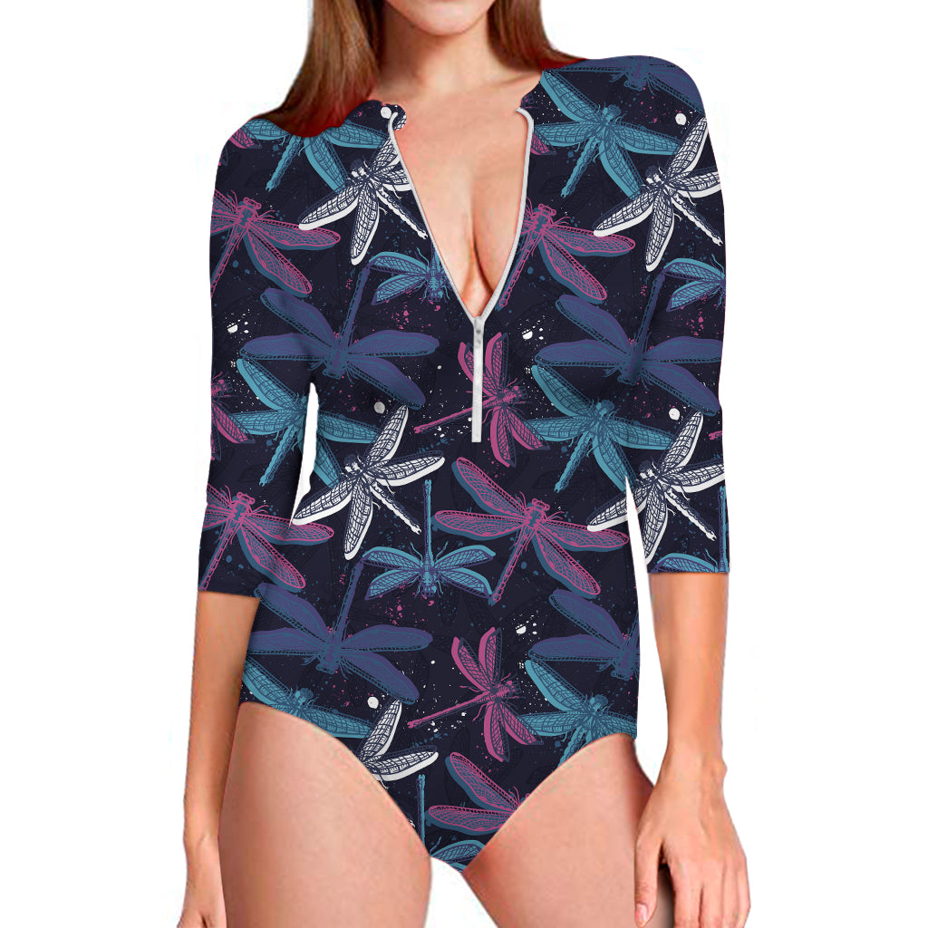 Trippy Dragonfly Pattern Print Long Sleeve One Piece Swimsuit