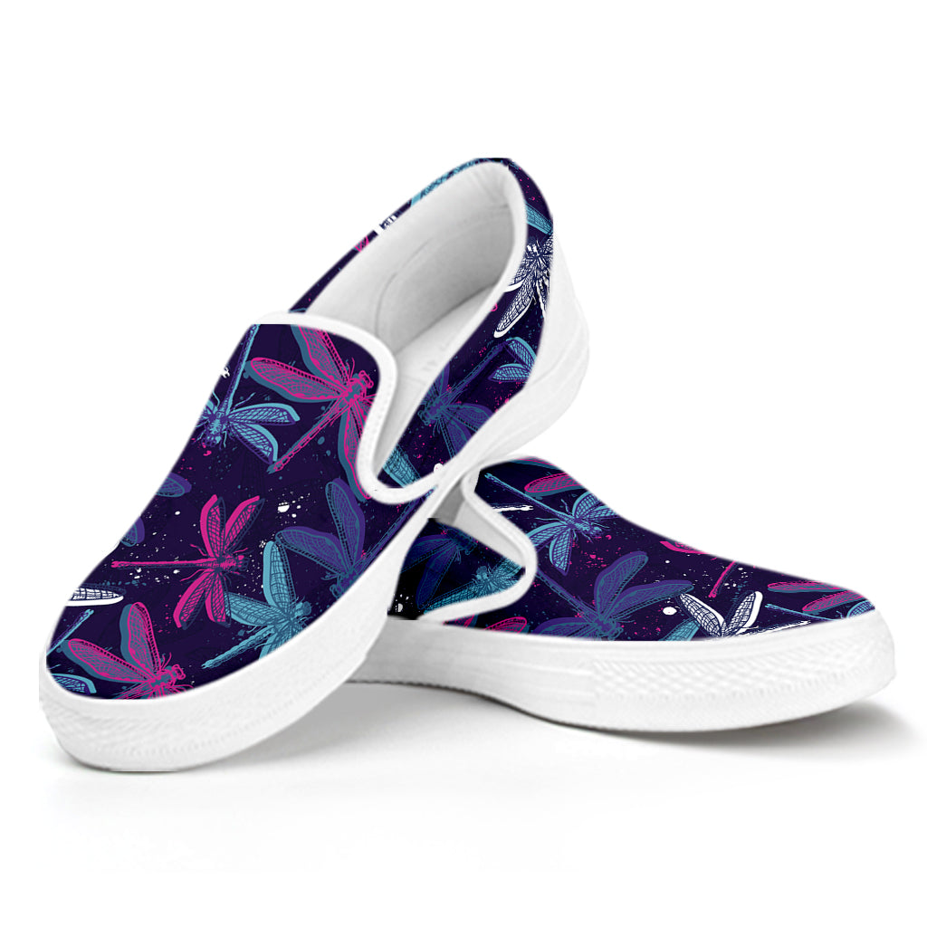 Trippy Dragonfly Pattern Print White Slip On Shoes