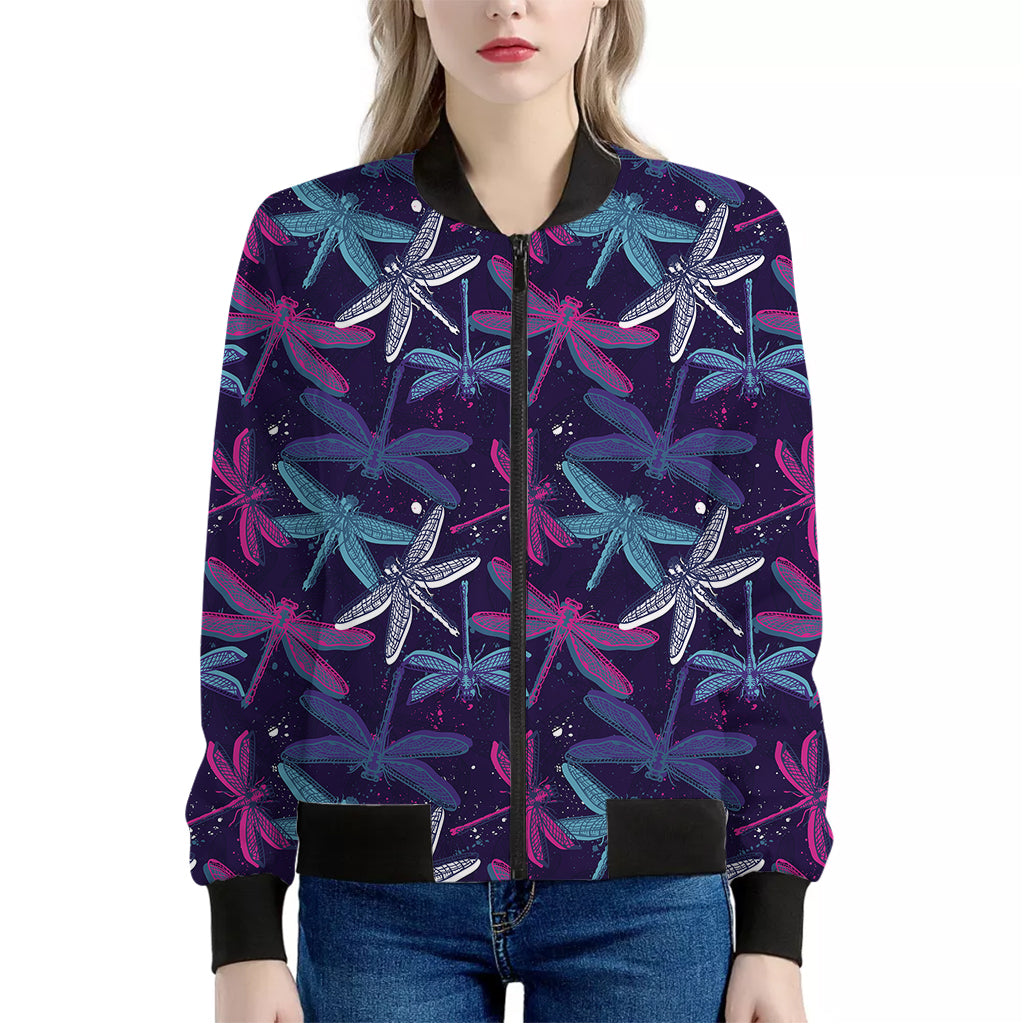 Trippy Dragonfly Pattern Print Women's Bomber Jacket