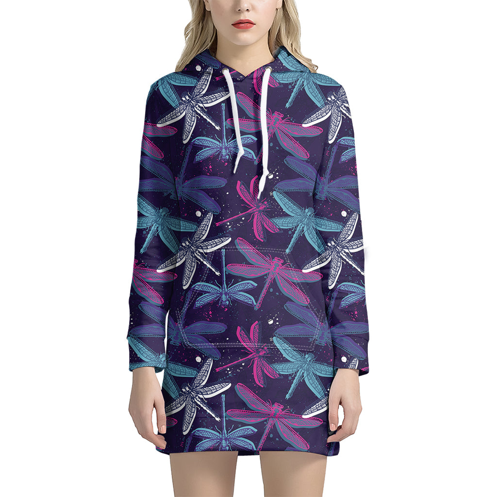 Trippy Dragonfly Pattern Print Women's Pullover Hoodie Dress