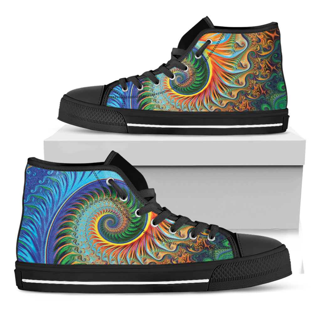 Trippy Fractal Print Black High Top Shoes