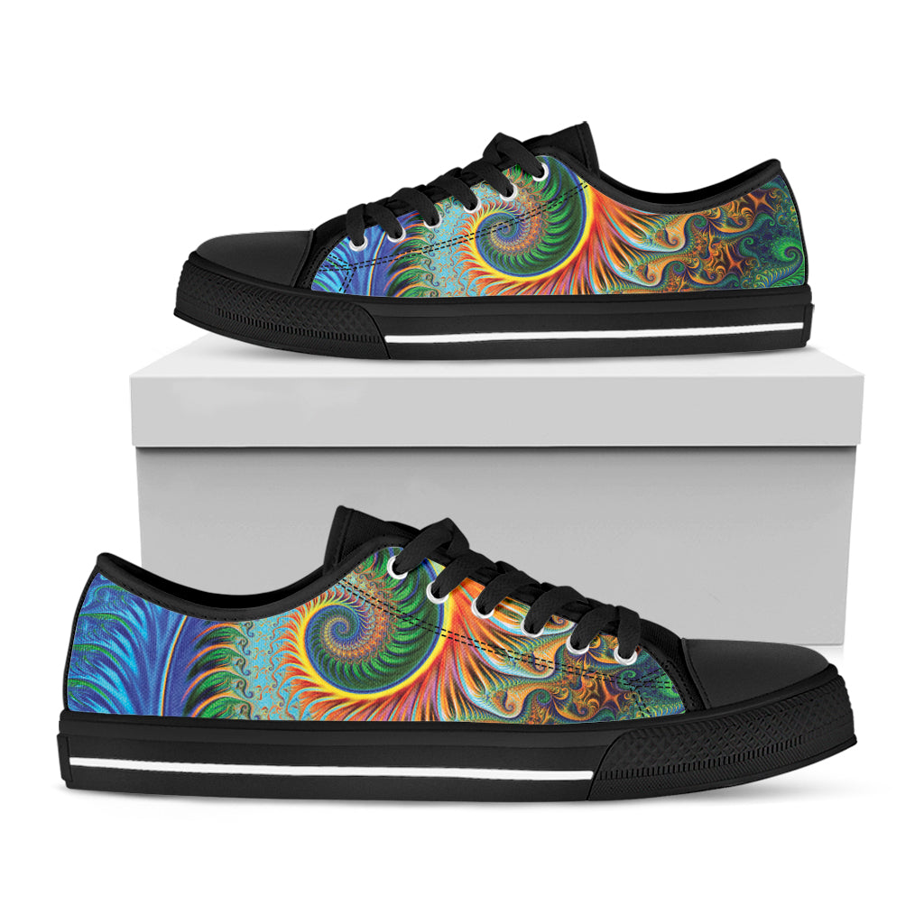 Trippy Fractal Print Black Low Top Shoes