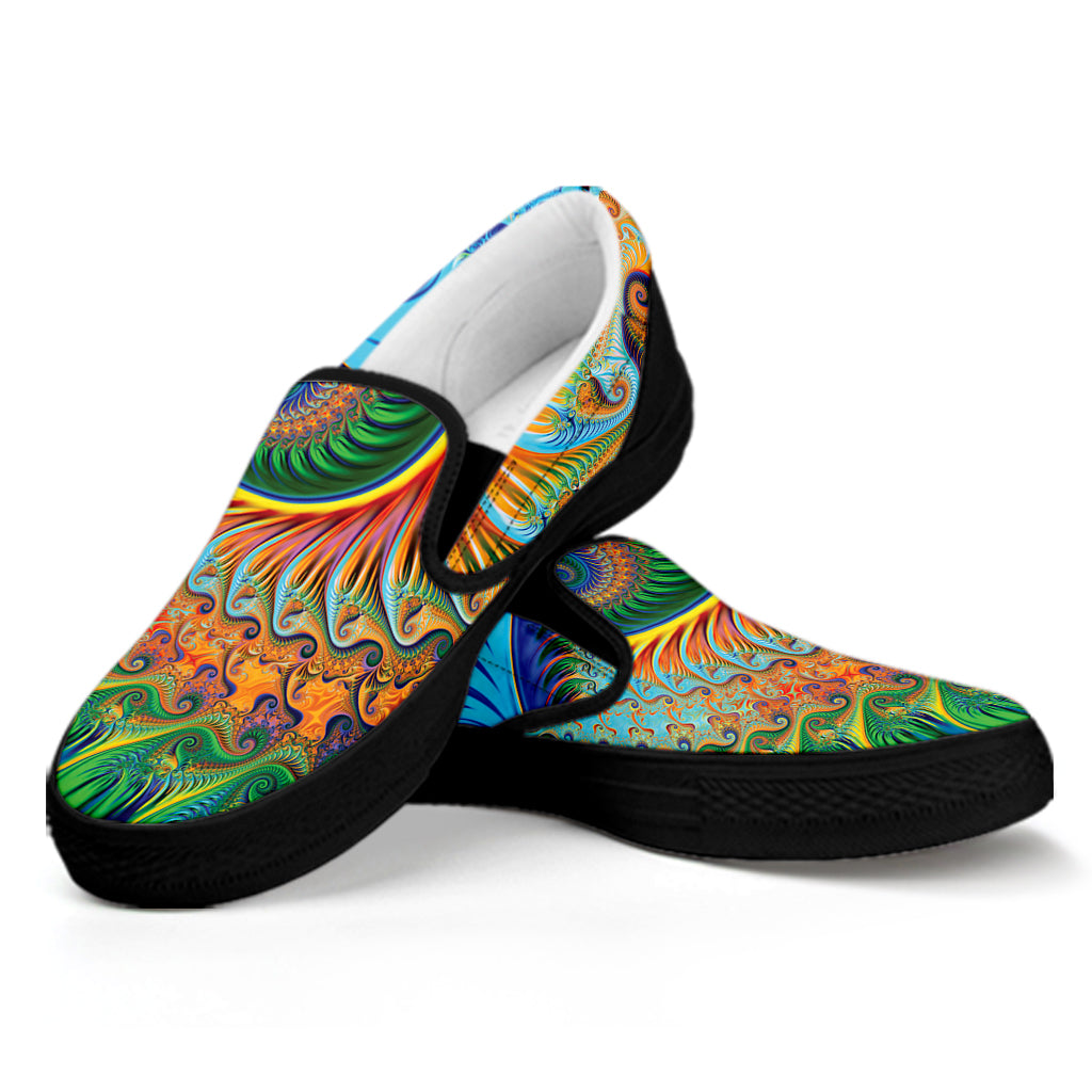 Trippy Fractal Print Black Slip On Shoes