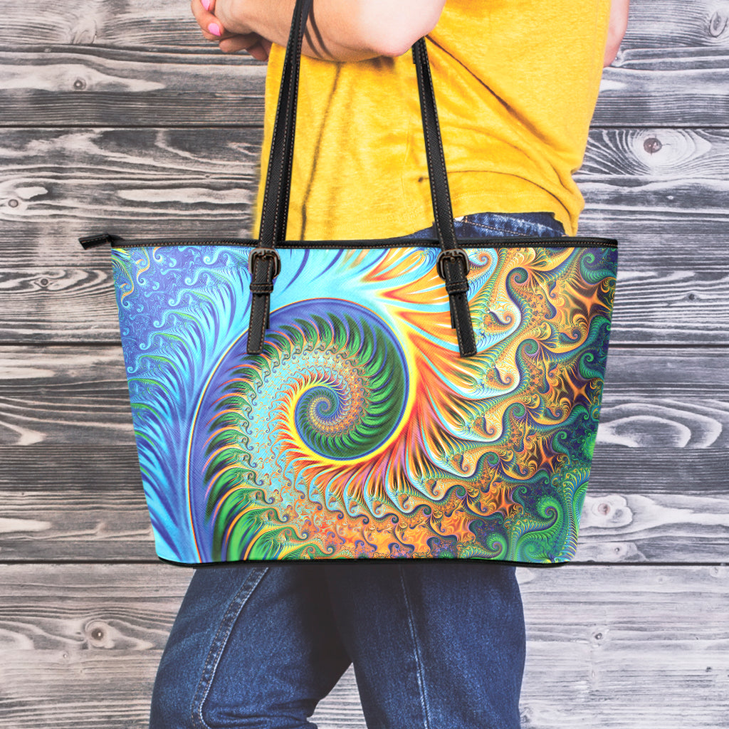 Trippy Fractal Print Leather Tote Bag