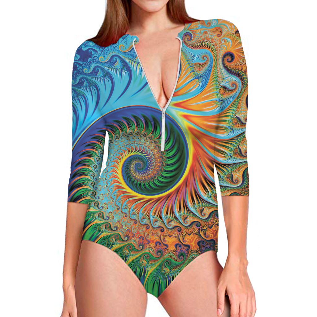 Trippy Fractal Print Long Sleeve One Piece Swimsuit