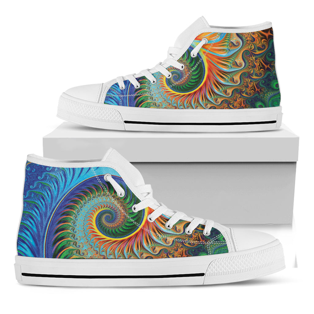 Trippy Fractal Print White High Top Shoes