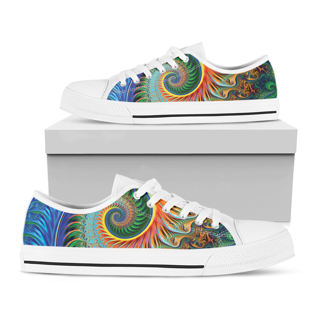 Trippy Fractal Print White Low Top Shoes