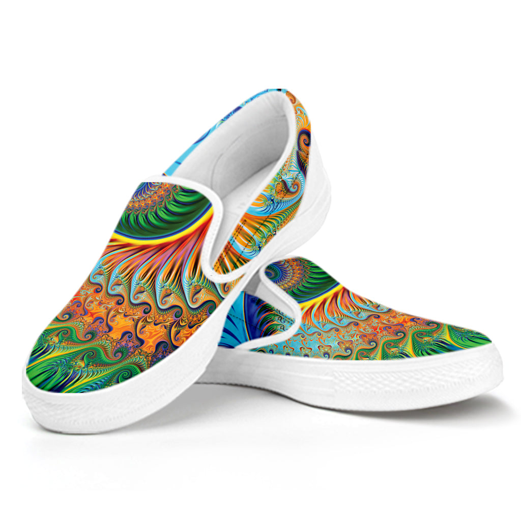 Trippy Fractal Print White Slip On Shoes