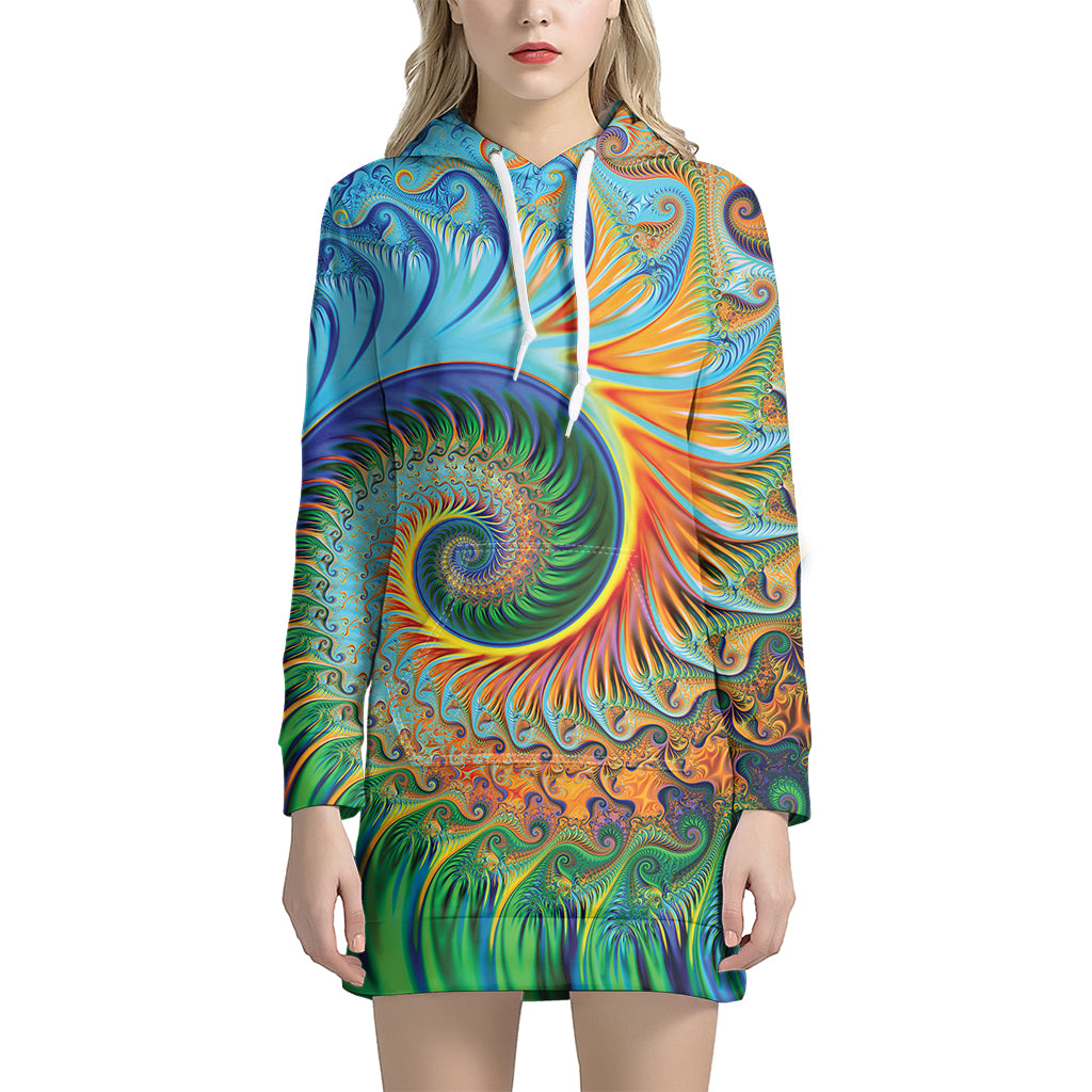 Trippy Fractal Print Women's Pullover Hoodie Dress