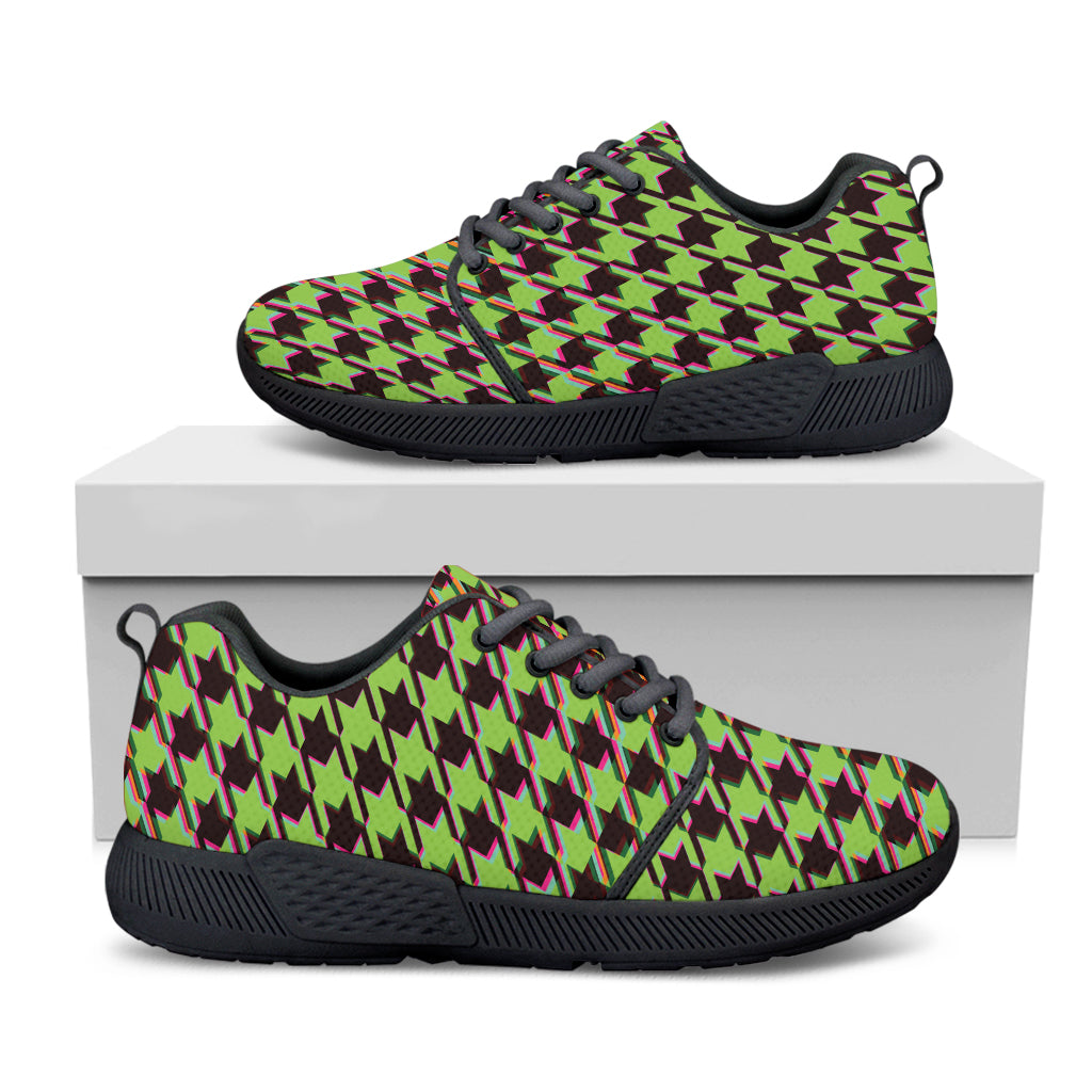 Trippy green Houndstooth Pattern Print Black Athletic Shoes