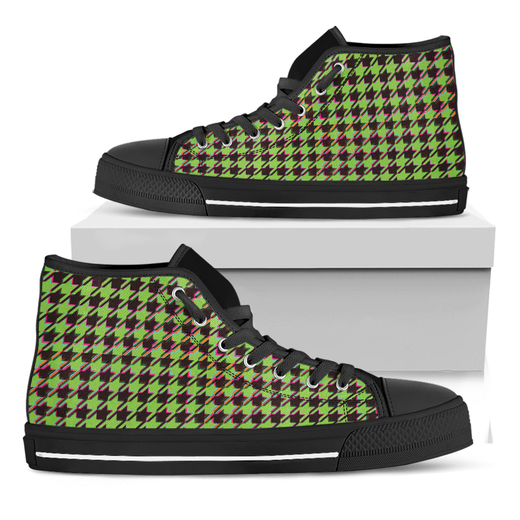 Trippy green Houndstooth Pattern Print Black High Top Shoes