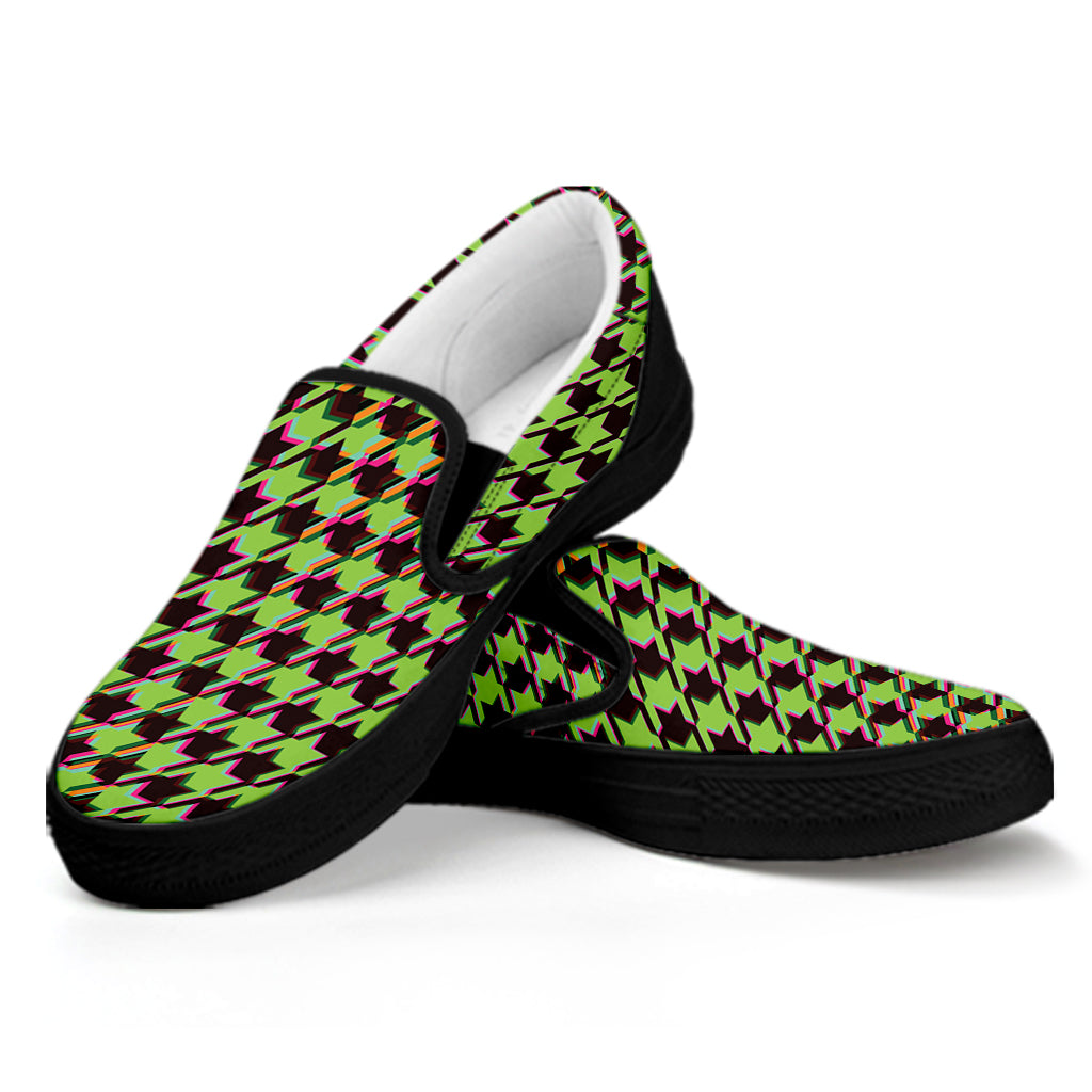 Trippy green Houndstooth Pattern Print Black Slip On Shoes