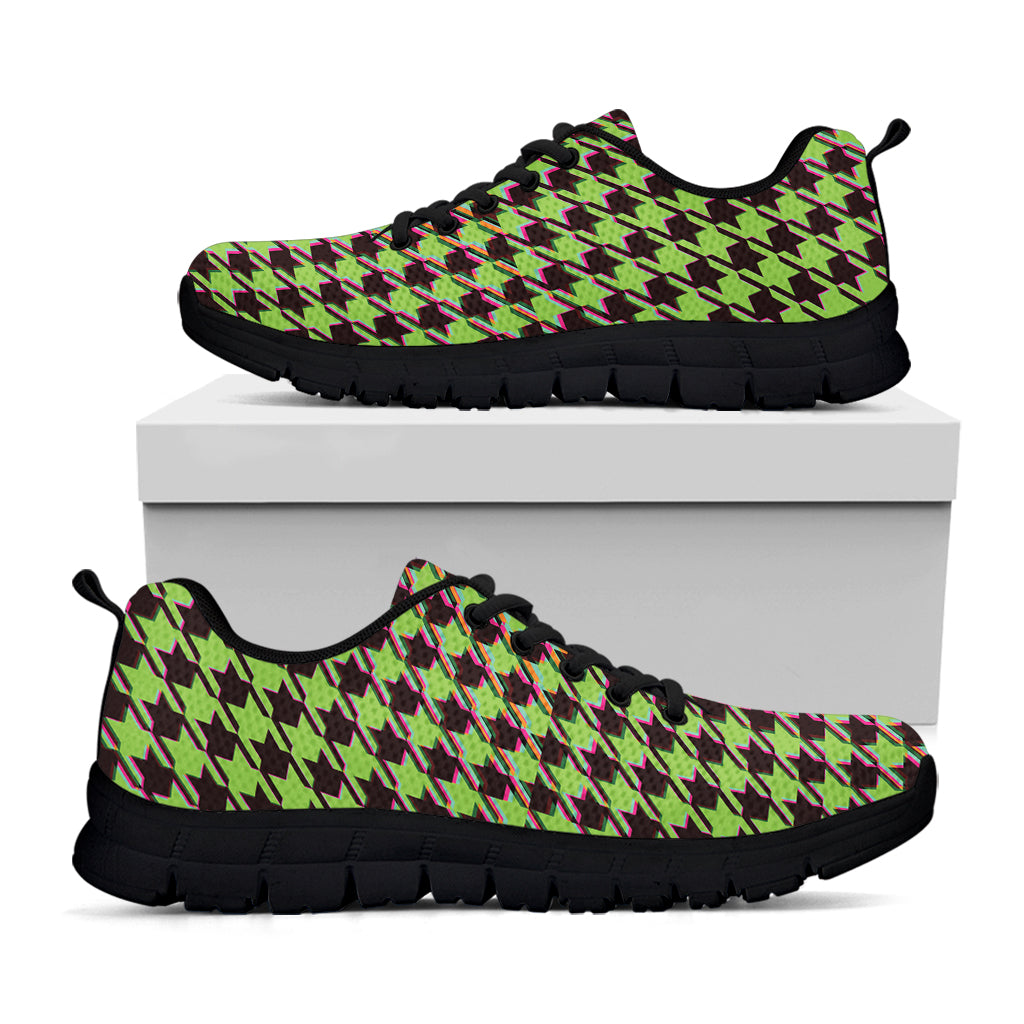 Trippy green Houndstooth Pattern Print Black Sneakers