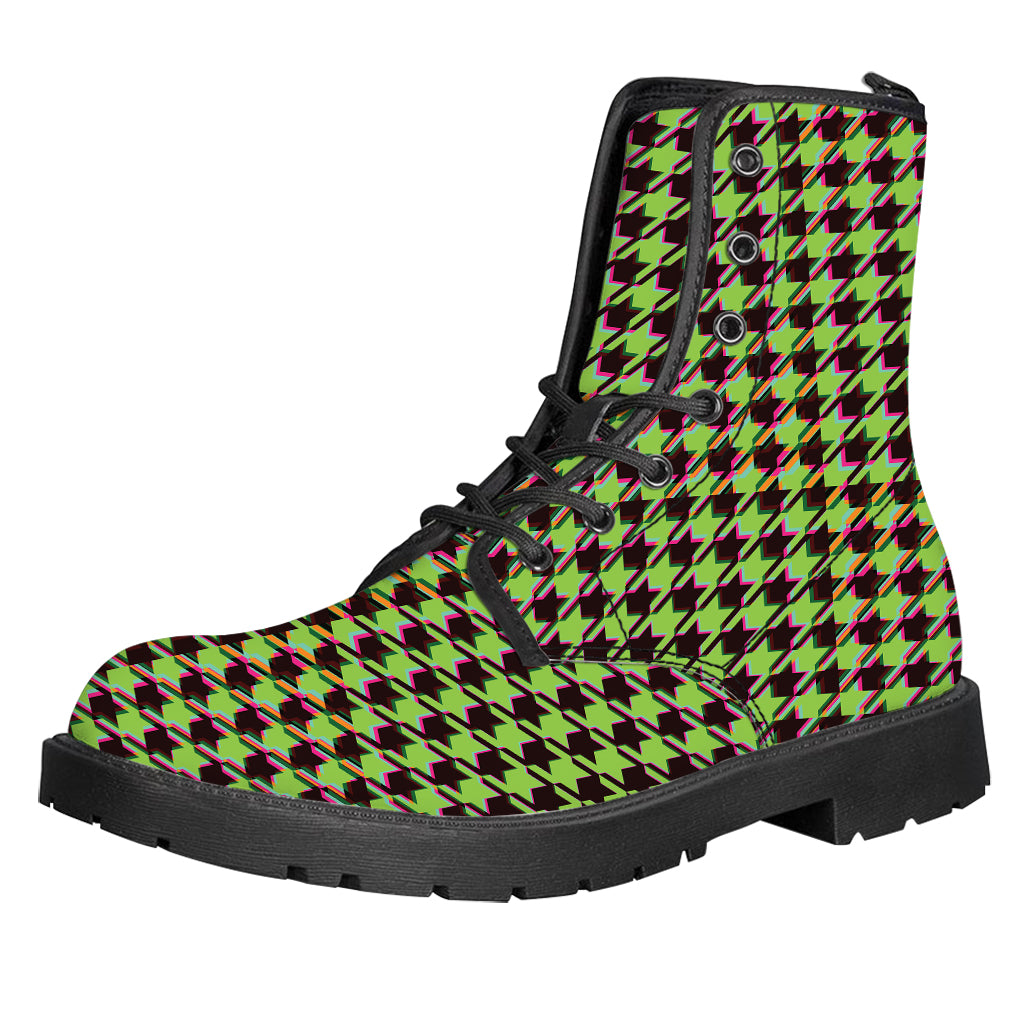 Trippy green Houndstooth Pattern Print Leather Boots