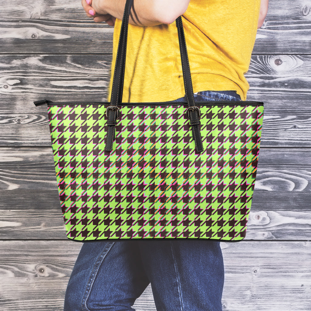 Trippy green Houndstooth Pattern Print Leather Tote Bag