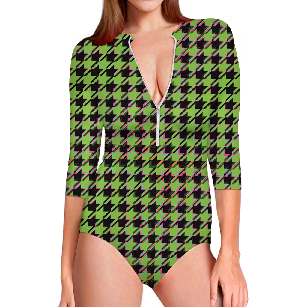 Trippy green Houndstooth Pattern Print Long Sleeve One Piece Swimsuit