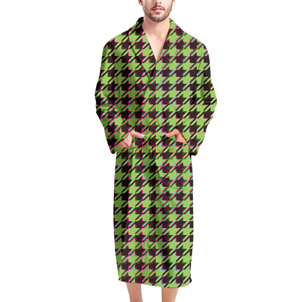 Trippy green Houndstooth Pattern Print Men's Bathrobe