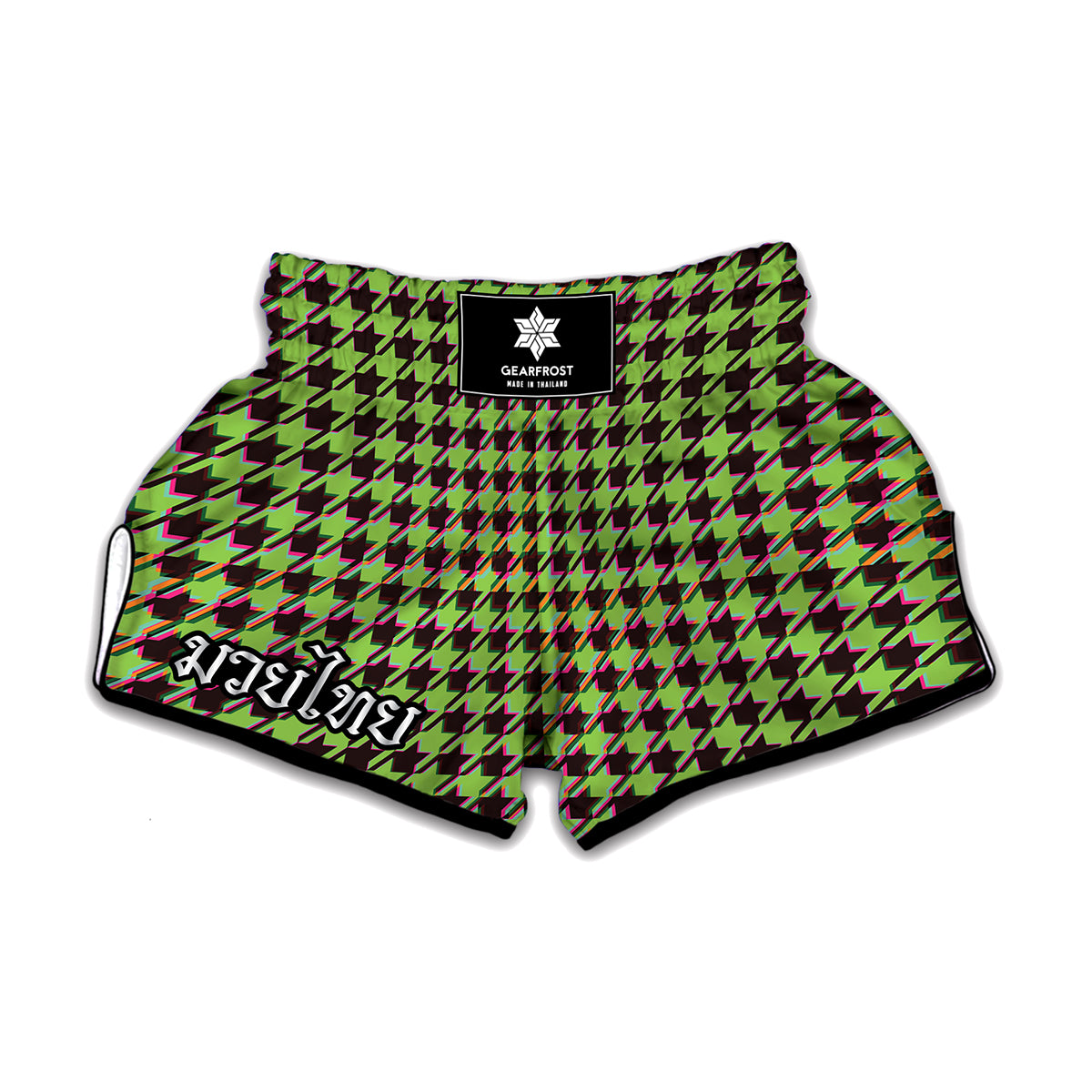 Trippy green Houndstooth Pattern Print Muay Thai Boxing Shorts