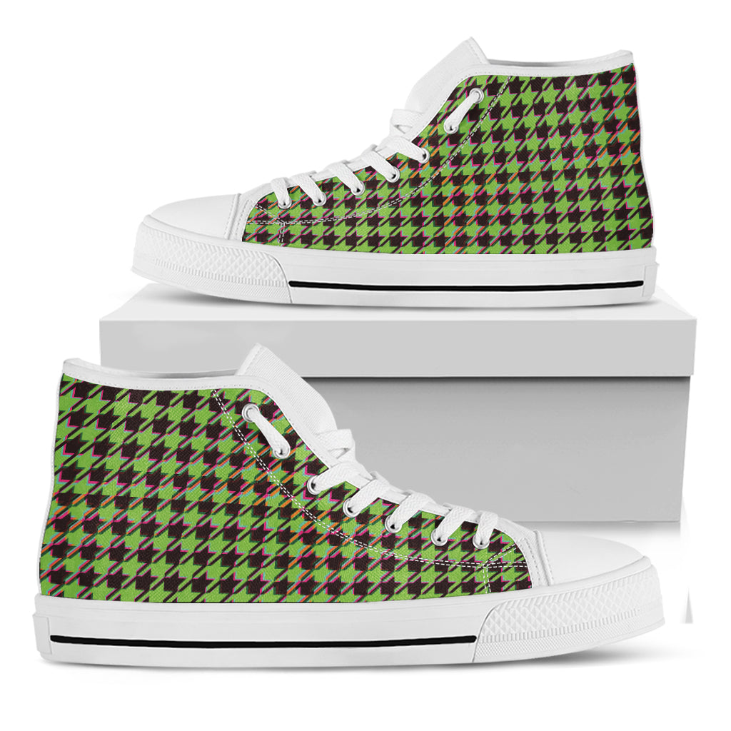 Trippy green Houndstooth Pattern Print White High Top Shoes