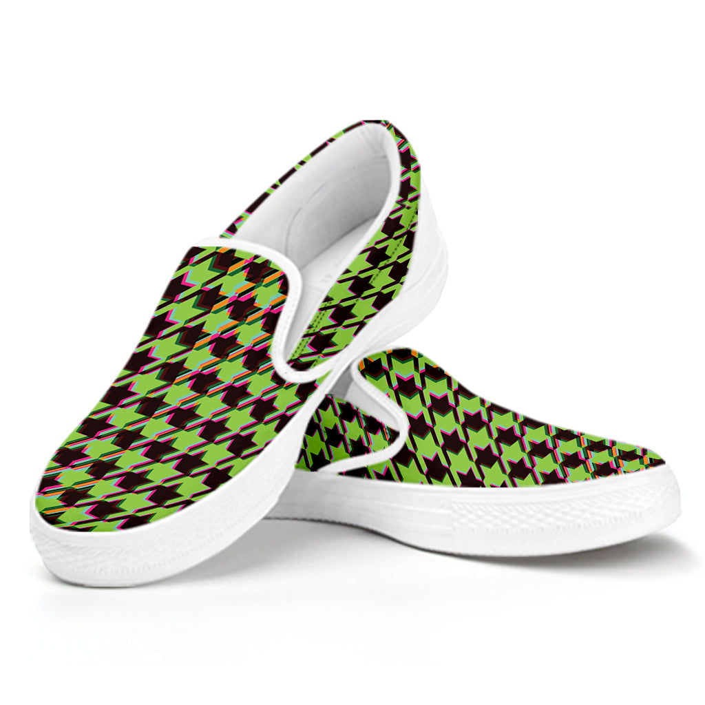 Trippy green Houndstooth Pattern Print White Slip On Shoes