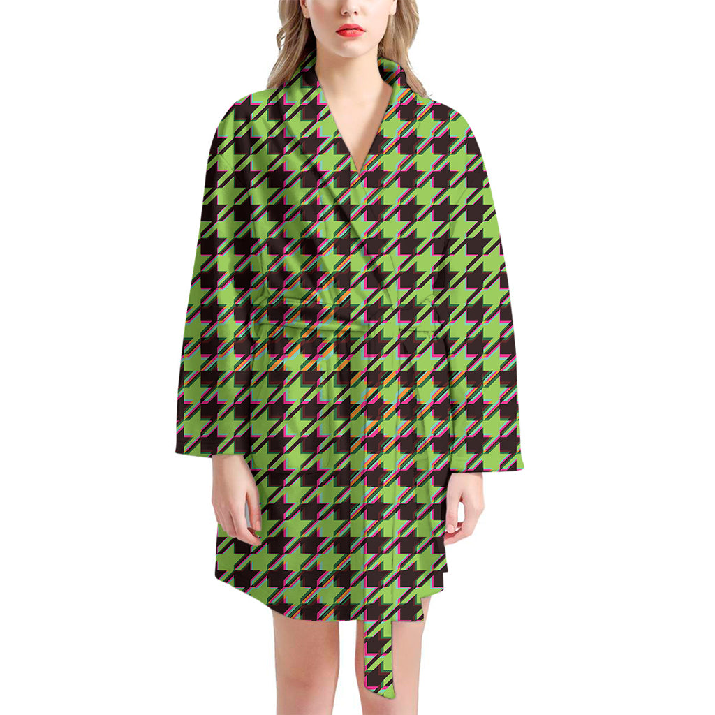 Trippy green Houndstooth Pattern Print Women's Bathrobe