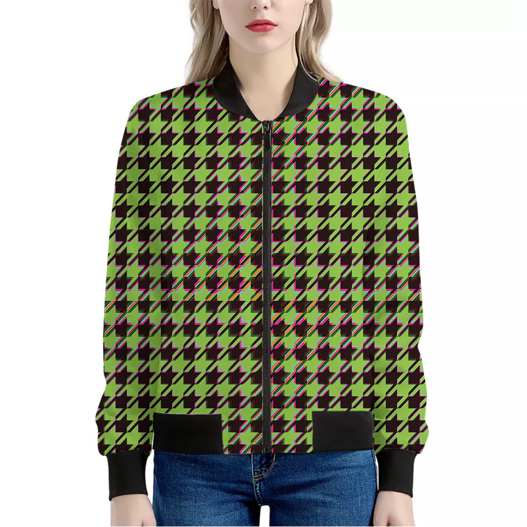 Trippy green Houndstooth Pattern Print Women's Bomber Jacket