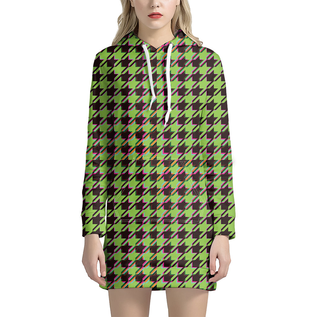 Trippy green Houndstooth Pattern Print Women's Pullover Hoodie Dress