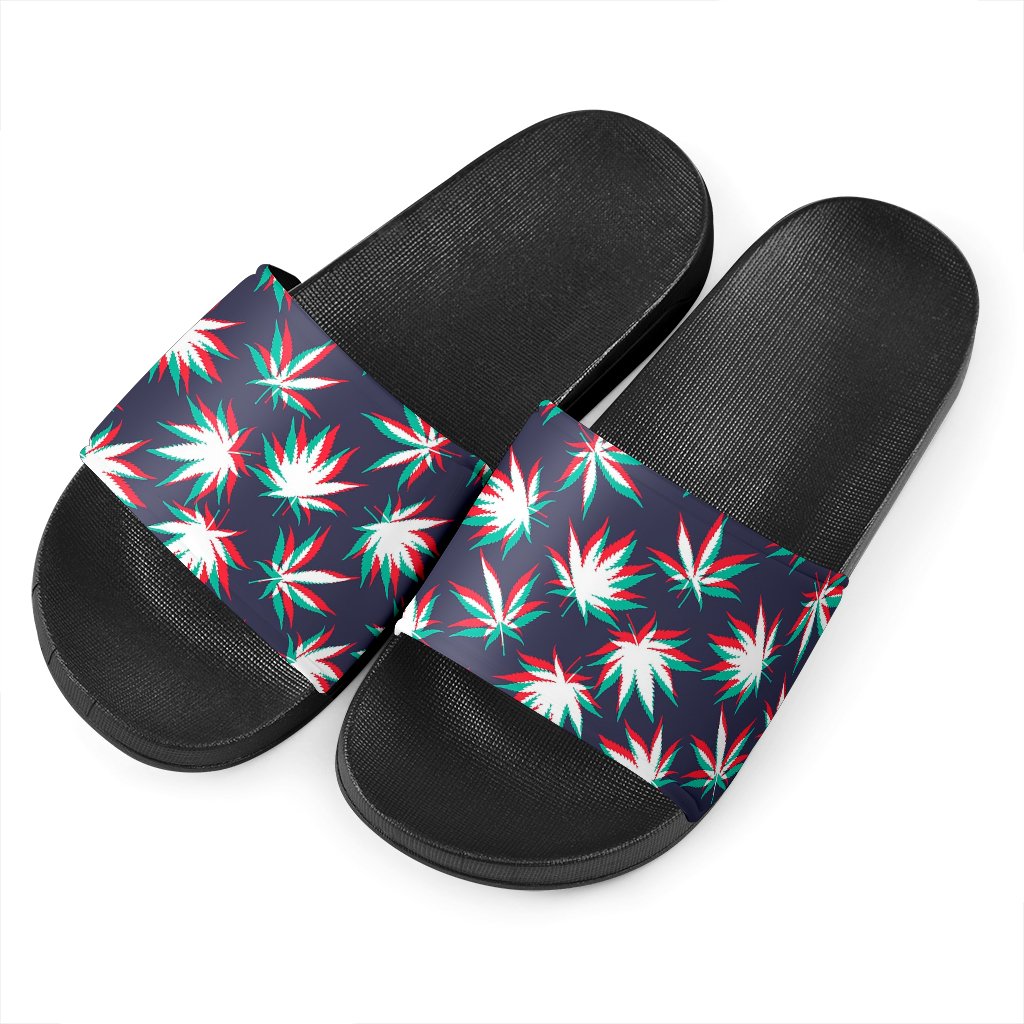 Trippy Hemp Leaves Reggae Pattern Print Black Slide Sandals