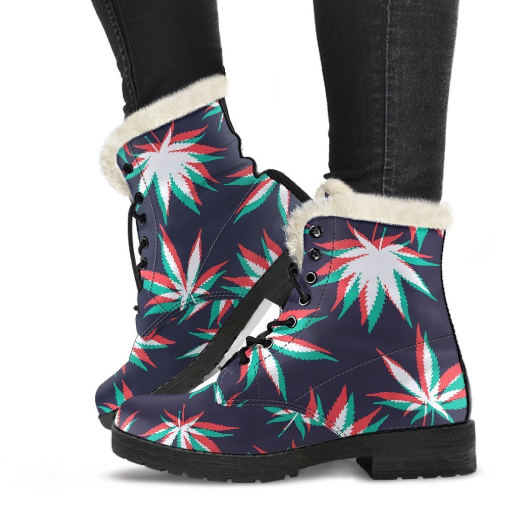 Trippy Hemp Leaves Reggae Pattern Print Faux Fur Leather Boots