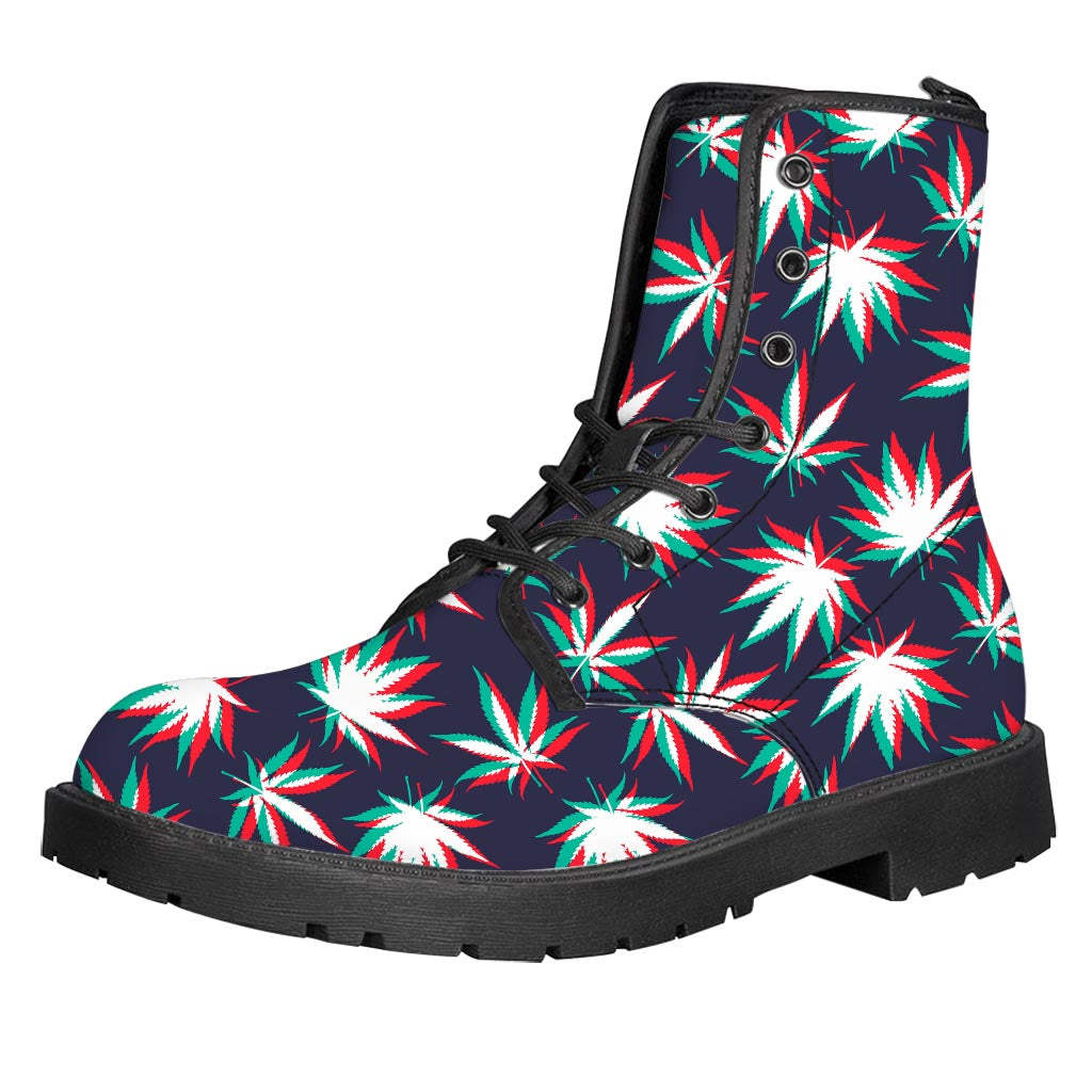 Trippy Hemp Leaves Reggae Pattern Print Leather Boots