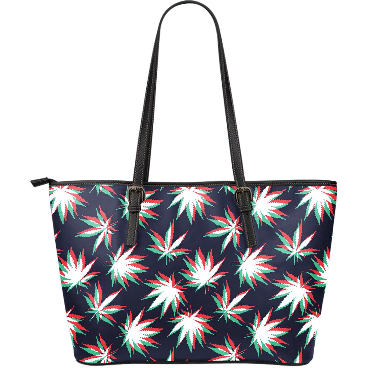 Trippy Hemp Leaves Reggae Pattern Print Leather Tote Bag