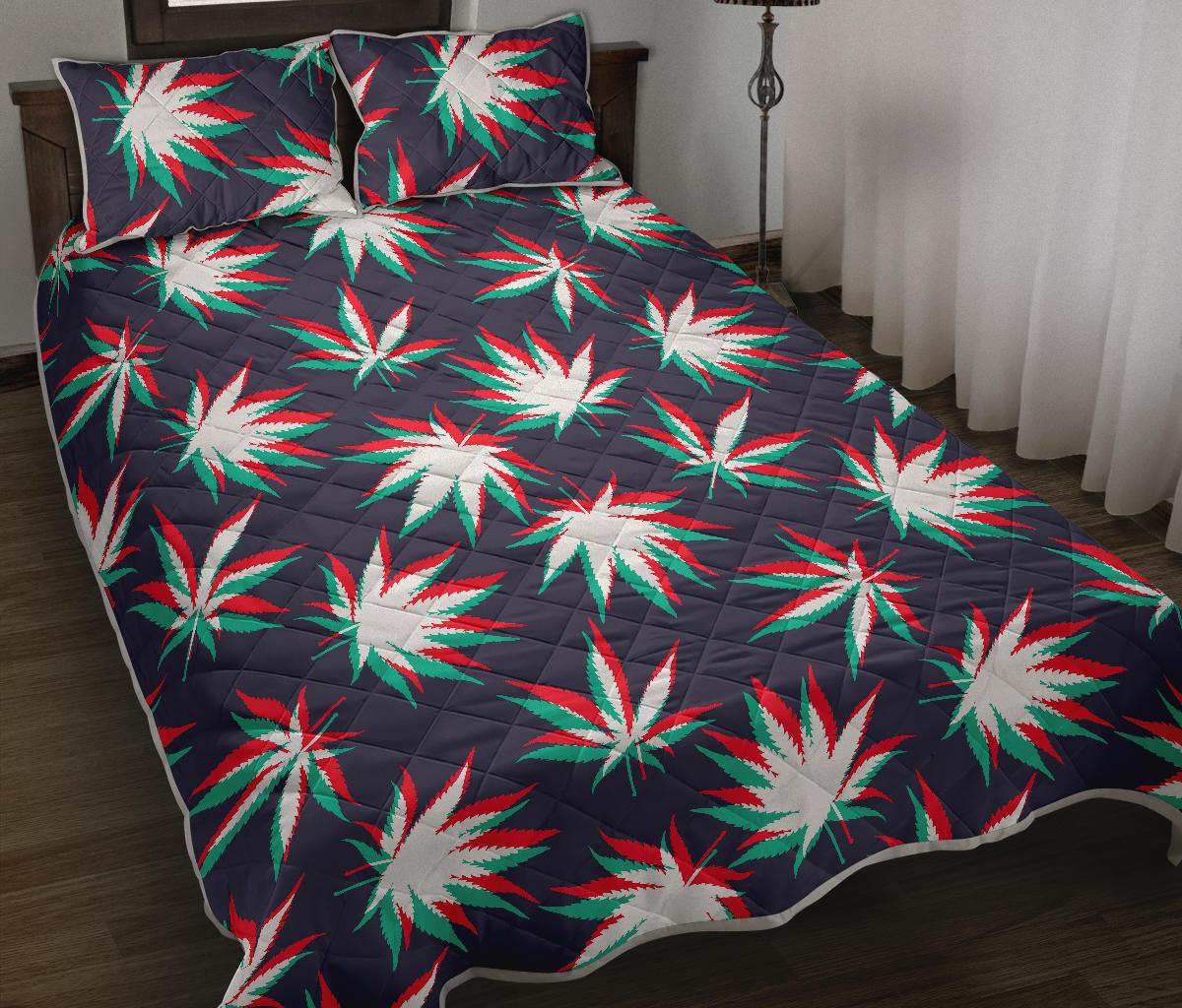 Trippy Hemp Leaves Reggae Pattern Print Quilt Bed Set