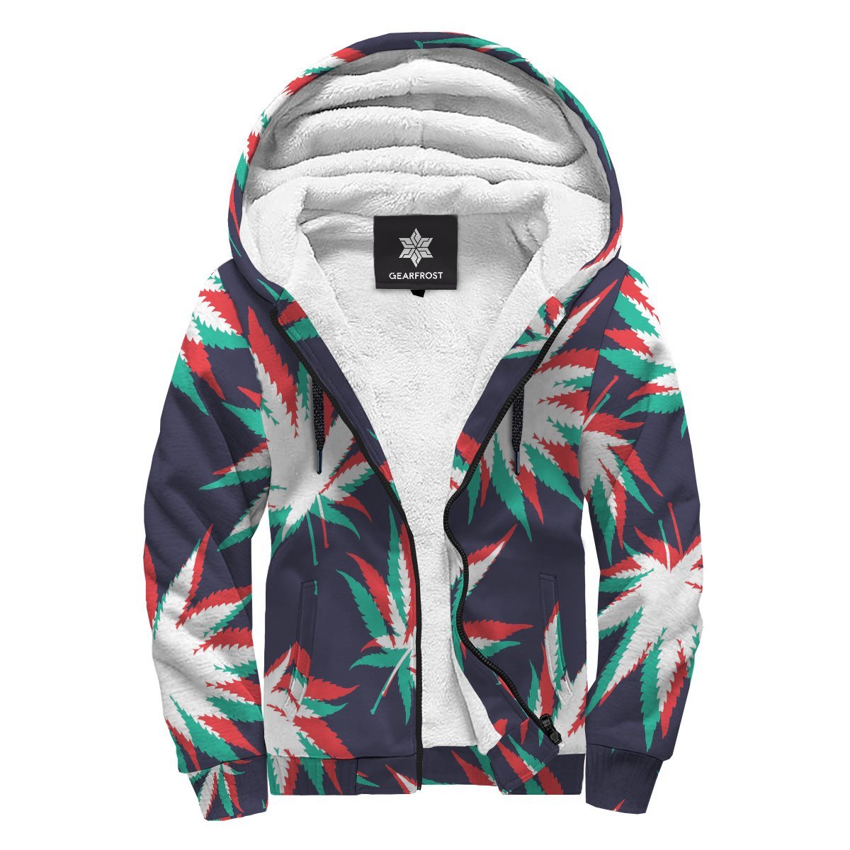 Trippy Hemp Leaves Reggae Pattern Print Sherpa Lined Fleece Hoodie